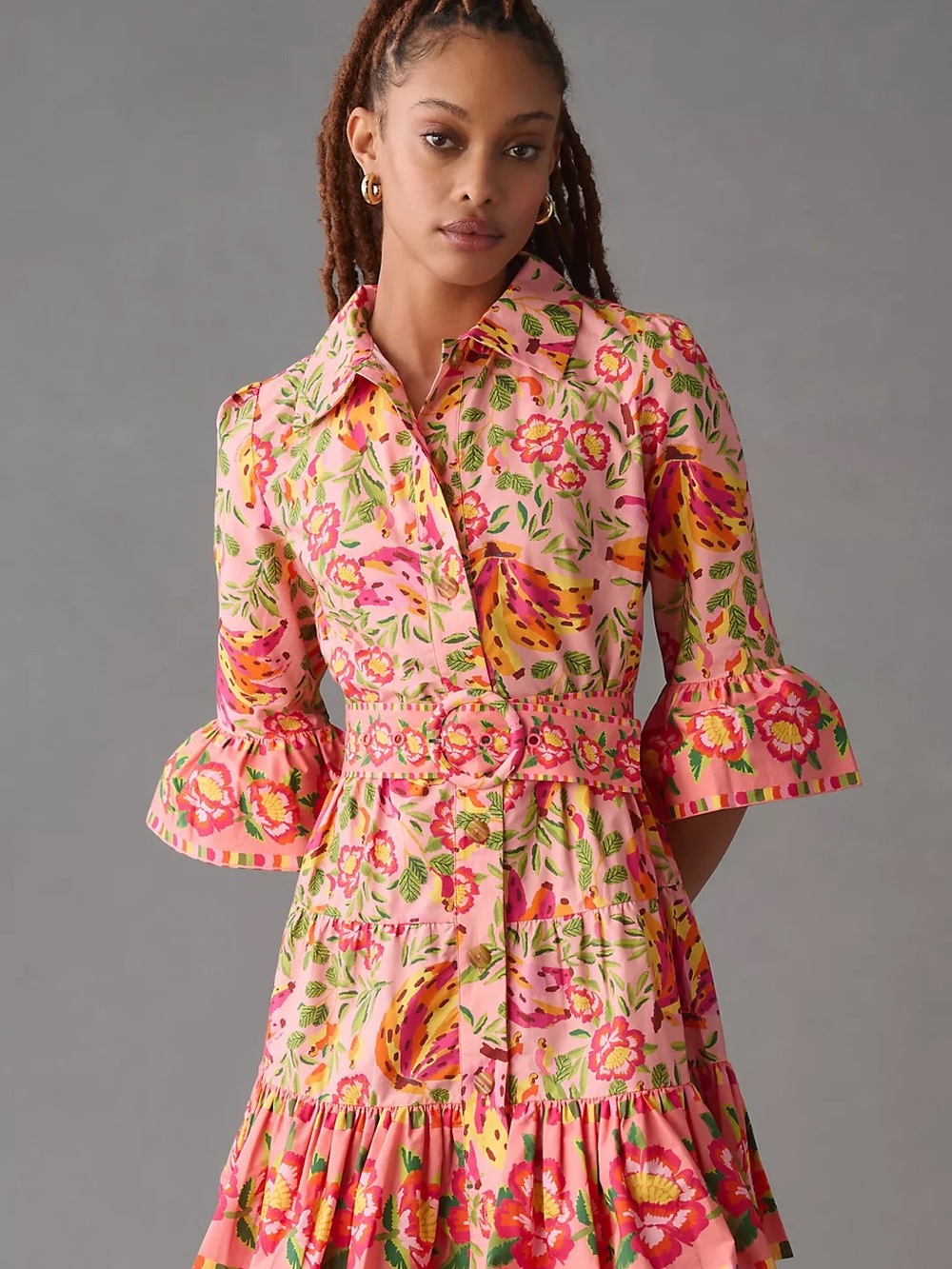 Farm Rio Painted Bananas Ruffle Shirt Midi Dress Size Large - Picture 13 of 14